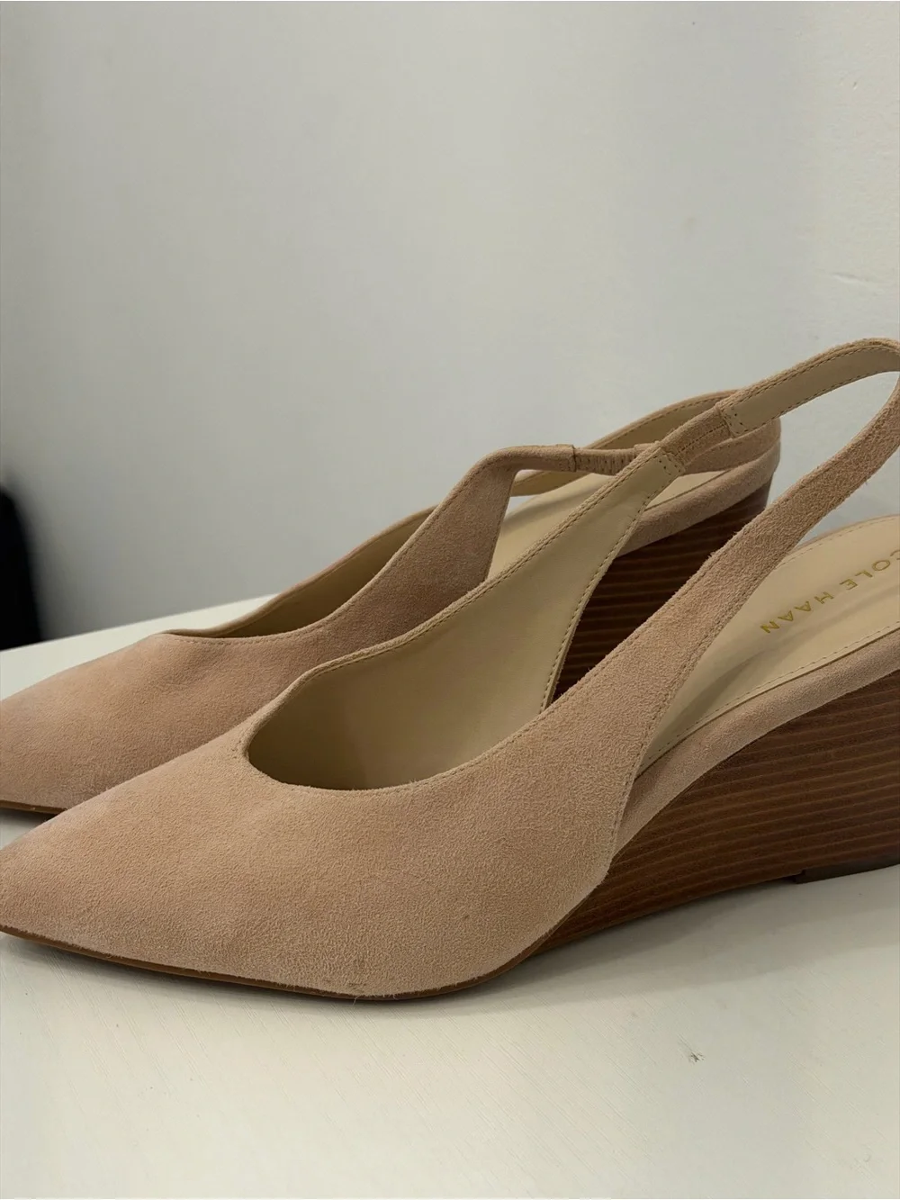 Cole Haan Blush Pink Suede Slingback Wedge Heels